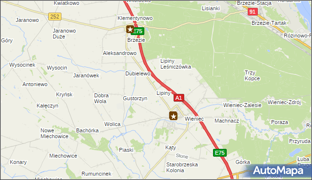 mapa Lipiny gmina Brześć Kujawski, Lipiny gmina Brześć Kujawski na mapie Targeo