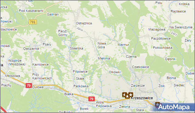 mapa Miękinia gmina Krzeszowice, Miękinia gmina Krzeszowice na mapie Targeo