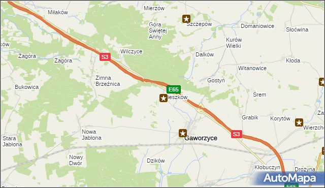 mapa Mieszków gmina Gaworzyce, Mieszków gmina Gaworzyce na mapie Targeo