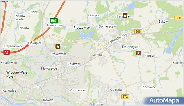 mapa Mirków gmina Długołęka, Mirków gmina Długołęka na mapie Targeo