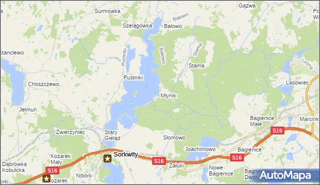 mapa Młynik gmina Sorkwity, Młynik gmina Sorkwity na mapie Targeo