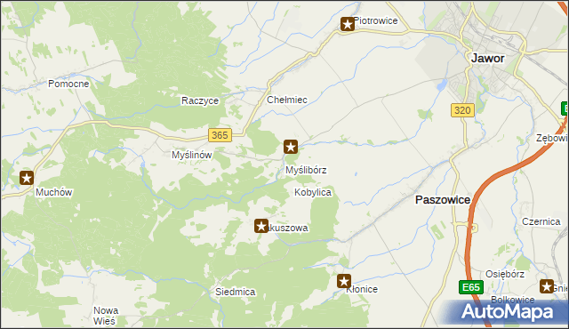 mapa Myślibórz gmina Paszowice, Myślibórz gmina Paszowice na mapie Targeo