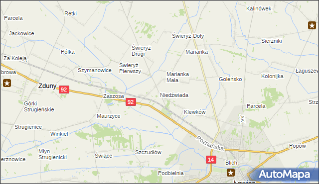 mapa Niedźwiada gmina Łowicz, Niedźwiada gmina Łowicz na mapie Targeo