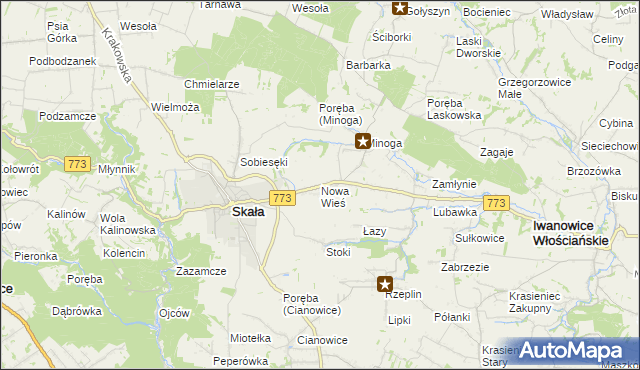 mapa Nowa Wieś gmina Skała, Nowa Wieś gmina Skała na mapie Targeo