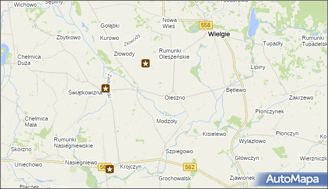 mapa Oleszno gmina Wielgie, Oleszno gmina Wielgie na mapie Targeo