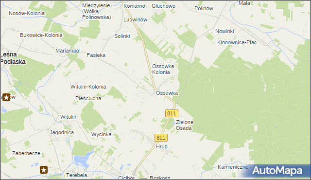 mapa Ossówka gmina Leśna Podlaska, Ossówka gmina Leśna Podlaska na mapie Targeo