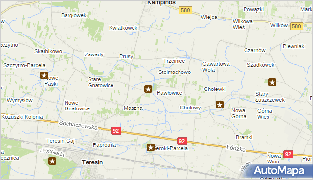 mapa Pawłowice gmina Teresin, Pawłowice gmina Teresin na mapie Targeo