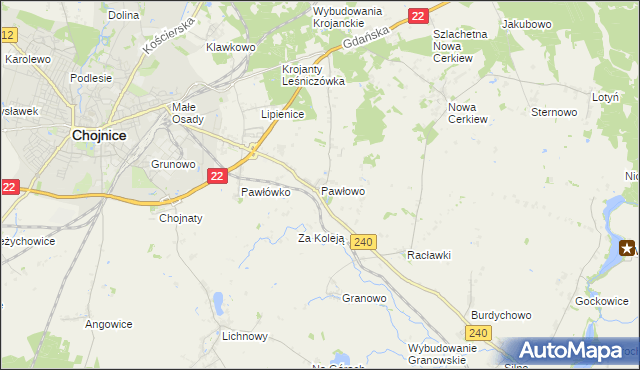 mapa Pawłowo gmina Chojnice, Pawłowo gmina Chojnice na mapie Targeo