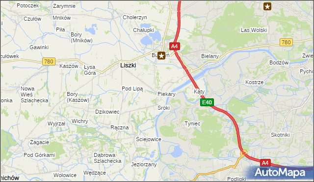 mapa Piekary gmina Liszki, Piekary gmina Liszki na mapie Targeo