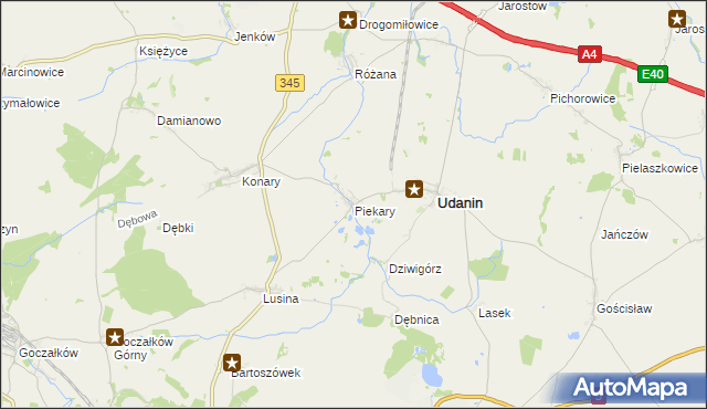 mapa Piekary gmina Udanin, Piekary gmina Udanin na mapie Targeo