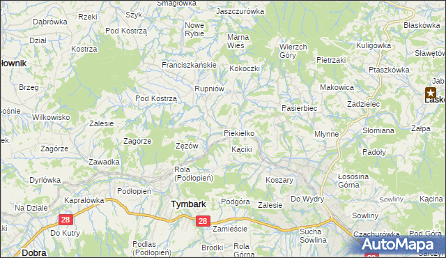 mapa Piekiełko gmina Tymbark, Piekiełko gmina Tymbark na mapie Targeo