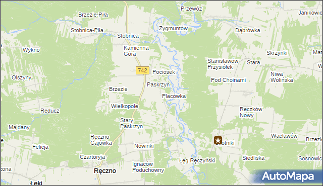 mapa Placówka gmina Ręczno, Placówka gmina Ręczno na mapie Targeo
