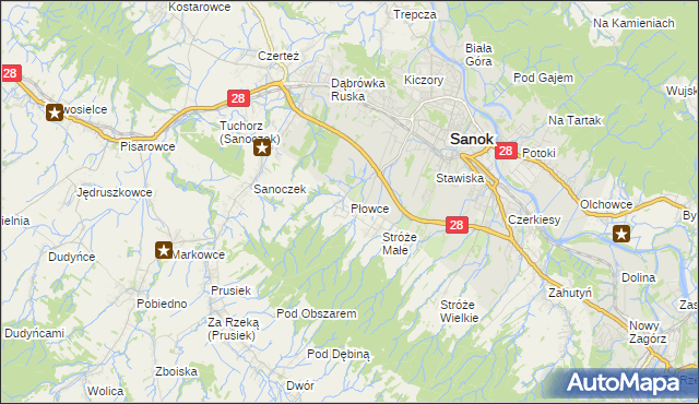 mapa Płowce gmina Sanok, Płowce gmina Sanok na mapie Targeo