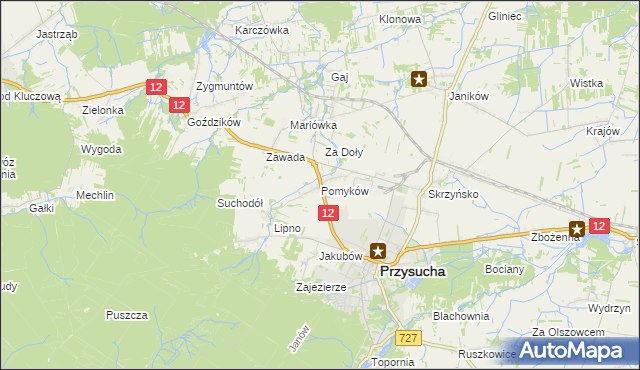 mapa Pomyków gmina Przysucha, Pomyków gmina Przysucha na mapie Targeo