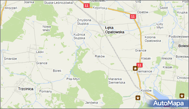 mapa Raków gmina Łęka Opatowska, Raków gmina Łęka Opatowska na mapie Targeo