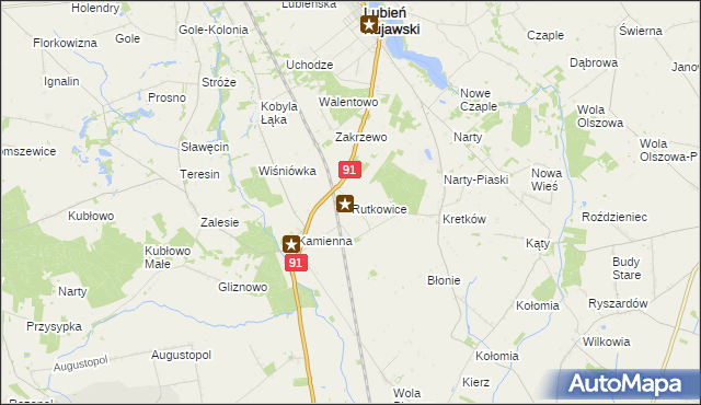 mapa Rutkowice gmina Lubień Kujawski, Rutkowice gmina Lubień Kujawski na mapie Targeo