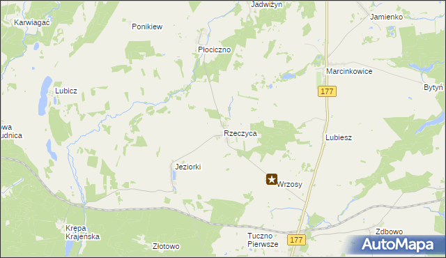 mapa Rzeczyca gmina Tuczno, Rzeczyca gmina Tuczno na mapie Targeo