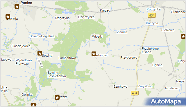 mapa Sarbinowo gmina Poniec, Sarbinowo gmina Poniec na mapie Targeo