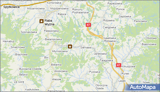 mapa Sieniawa gmina Raba Wyżna, Sieniawa gmina Raba Wyżna na mapie Targeo