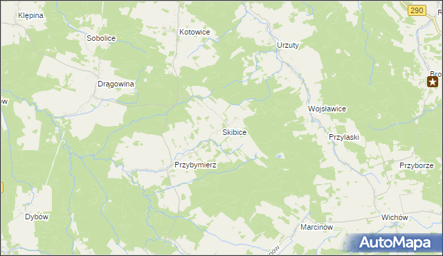 mapa Skibice gmina Nowogród Bobrzański, Skibice gmina Nowogród Bobrzański na mapie Targeo