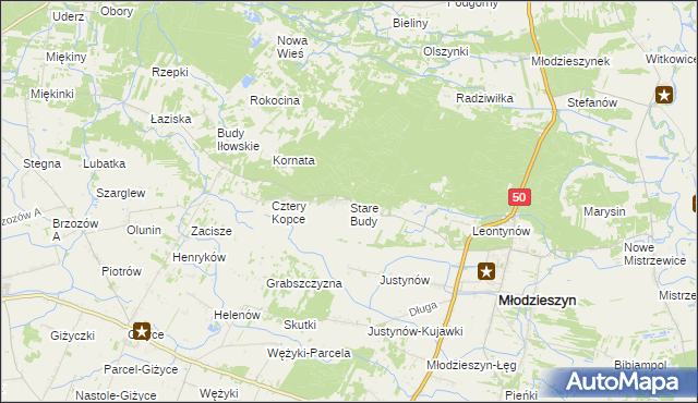 mapa Stare Budy gmina Młodzieszyn, Stare Budy gmina Młodzieszyn na mapie Targeo