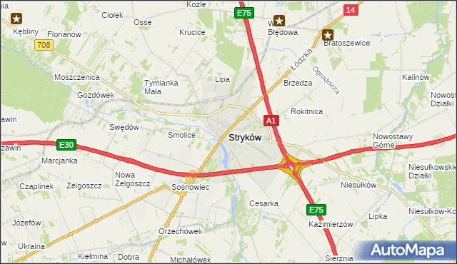 mapa Stryków powiat zgierski, Stryków powiat zgierski na mapie Targeo