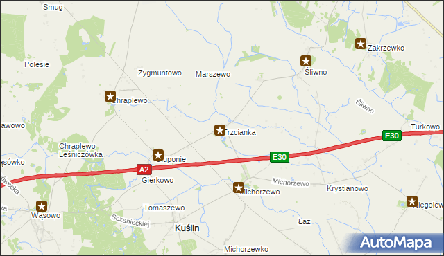 mapa Trzcianka gmina Kuślin, Trzcianka gmina Kuślin na mapie Targeo