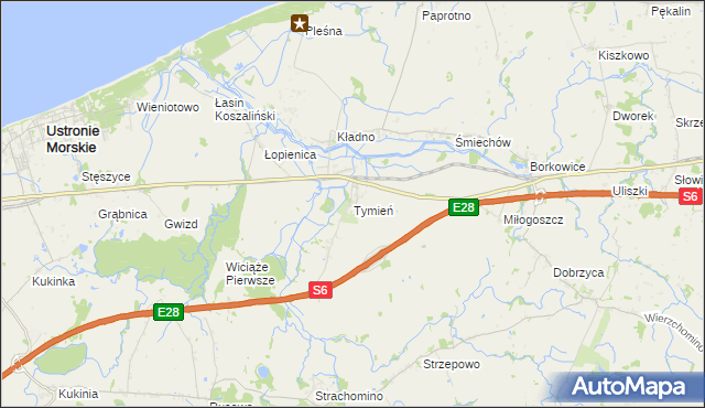 mapa Tymień gmina Będzino, Tymień gmina Będzino na mapie Targeo