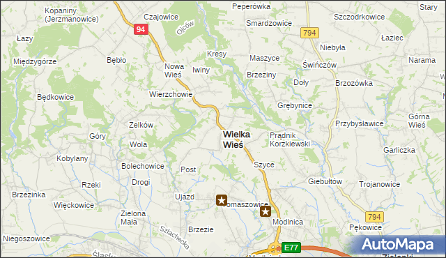 mapa Wielka Wieś powiat krakowski, Wielka Wieś powiat krakowski na mapie Targeo