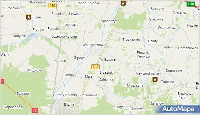 mapa Wilkowice gmina Wartkowice, Wilkowice gmina Wartkowice na mapie Targeo