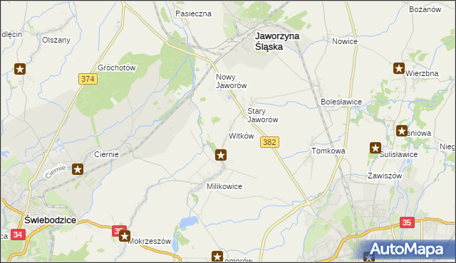 mapa Witków gmina Jaworzyna Śląska, Witków gmina Jaworzyna Śląska na mapie Targeo