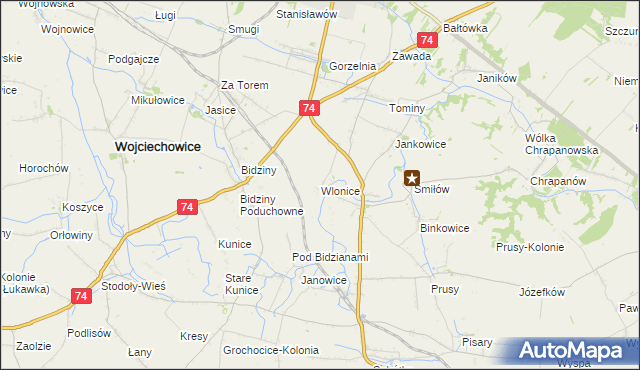 mapa Wlonice gmina Wojciechowice, Wlonice gmina Wojciechowice na mapie Targeo