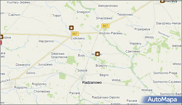 mapa Woźniki gmina Radzanowo, Woźniki gmina Radzanowo na mapie Targeo