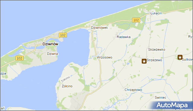 mapa Wrzosowo gmina Kamień Pomorski, Wrzosowo gmina Kamień Pomorski na mapie Targeo