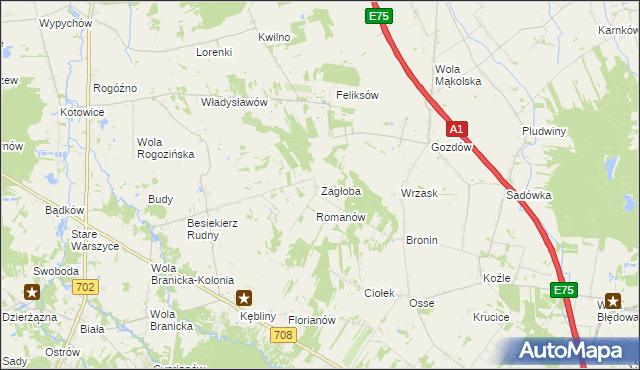 mapa Zagłoba gmina Stryków, Zagłoba gmina Stryków na mapie Targeo