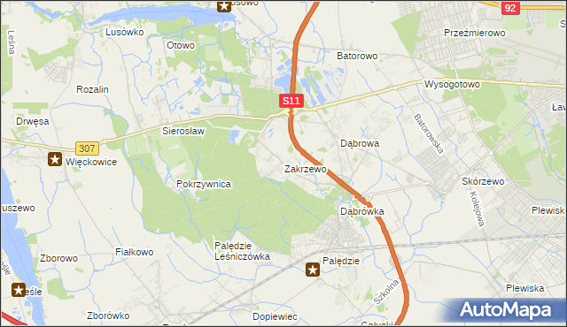 mapa Zakrzewo gmina Dopiewo, Zakrzewo gmina Dopiewo na mapie Targeo