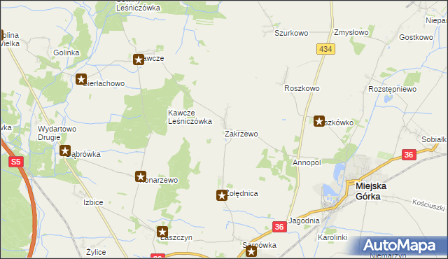 mapa Zakrzewo gmina Miejska Górka, Zakrzewo gmina Miejska Górka na mapie Targeo