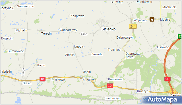 mapa Zawada gmina Sicienko, Zawada gmina Sicienko na mapie Targeo