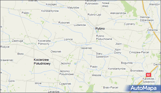 mapa Jasieniec gmina Rybno, Jasieniec gmina Rybno na mapie Targeo