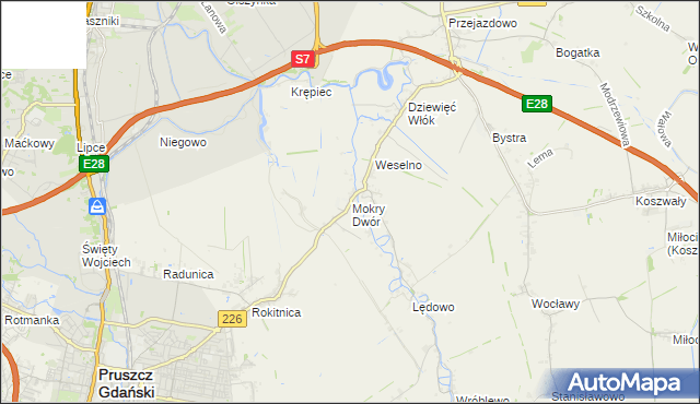 mapa Mokry Dwór gmina Pruszcz Gdański, Mokry Dwór gmina Pruszcz Gdański na mapie Targeo