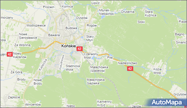 mapa Pomyków gmina Końskie, Pomyków gmina Końskie na mapie Targeo