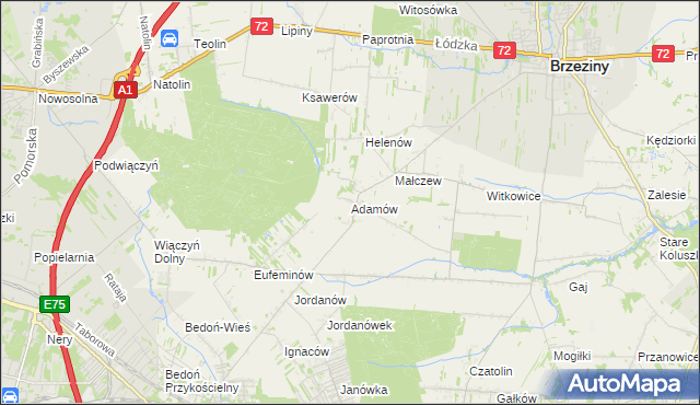 mapa Adamów gmina Brzeziny, Adamów gmina Brzeziny na mapie Targeo