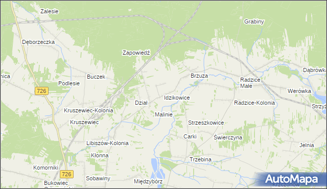 mapa Idzikowice gmina Drzewica, Idzikowice gmina Drzewica na mapie Targeo