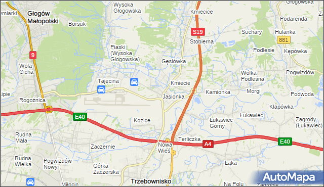 mapa Jasionka gmina Trzebownisko, Jasionka gmina Trzebownisko na mapie Targeo