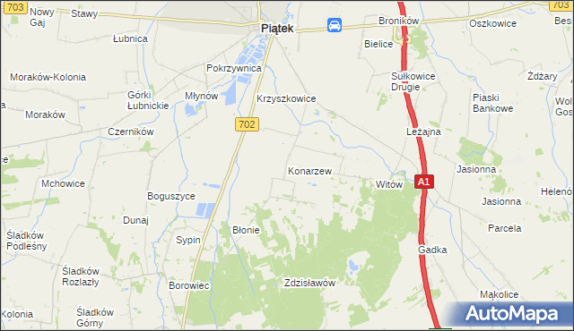 mapa Konarzew gmina Piątek, Konarzew gmina Piątek na mapie Targeo