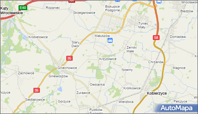 mapa Krzyżowice gmina Kobierzyce, Krzyżowice gmina Kobierzyce na mapie Targeo