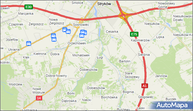 mapa Ługi gmina Stryków, Ługi gmina Stryków na mapie Targeo