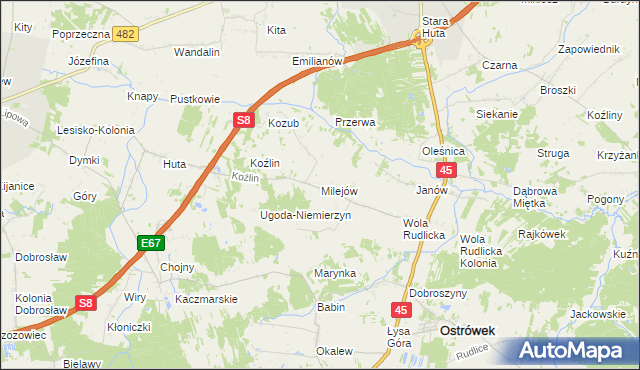 mapa Milejów gmina Ostrówek, Milejów gmina Ostrówek na mapie Targeo