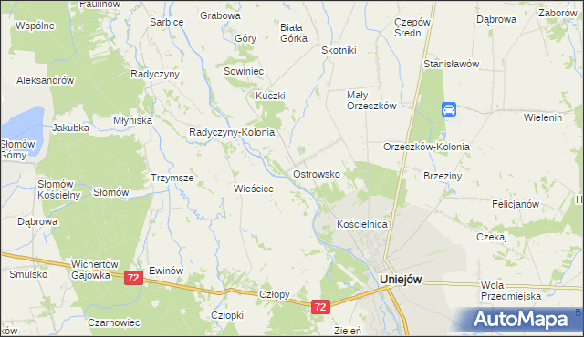 mapa Ostrowsko gmina Uniejów, Ostrowsko gmina Uniejów na mapie Targeo