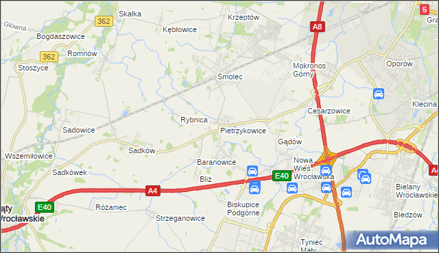 mapa Pietrzykowice gmina Kąty Wrocławskie, Pietrzykowice gmina Kąty Wrocławskie na mapie Targeo